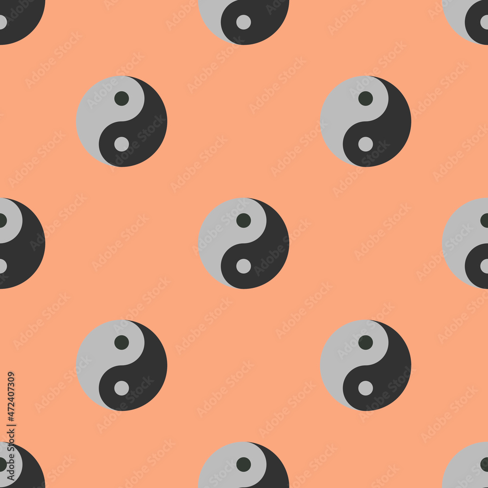 Fototapeta premium Seamless pattern. Image of Yin Yang symbol on pastel red orange backgrounds. Symbol of opposite. Surface overlay pattern. 3D image. 3D rendering.