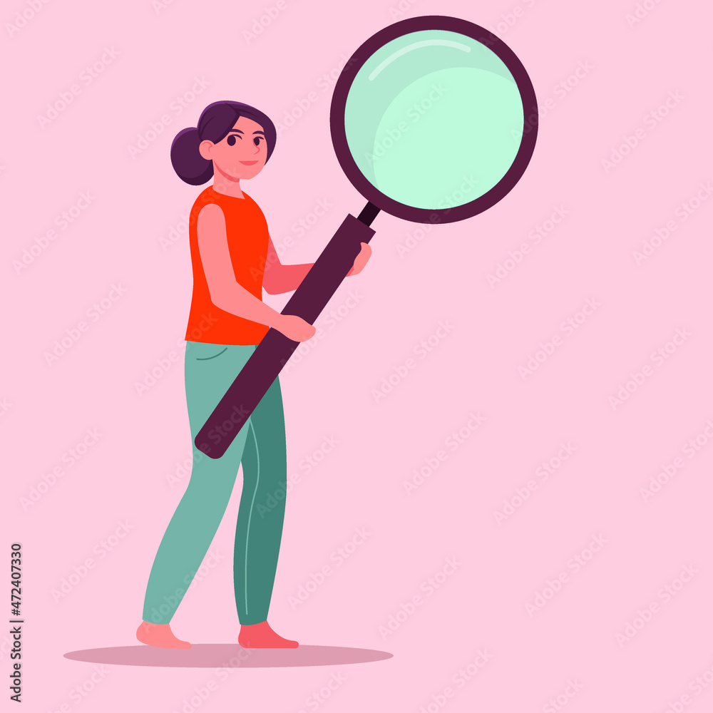 A white girl stands with a large magnifying glass in her hands. The concept of finding information, people. Stock vector illustration A white girl stands with a large magnifying glass in her hands. The concept of finding information, people. Stock vector illustration