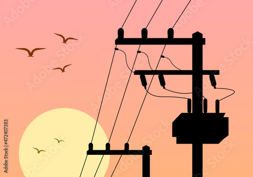 Silhouette shadow high voltage power electric pole with transformer and drop fuse with twilight sun evening orange background and bird flat vector design.