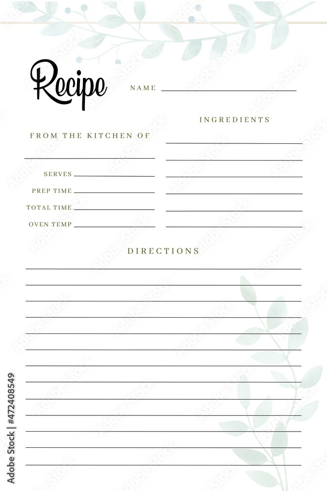 Blank Recipe Book Printable Template, Blank Pages Sheet Organizer