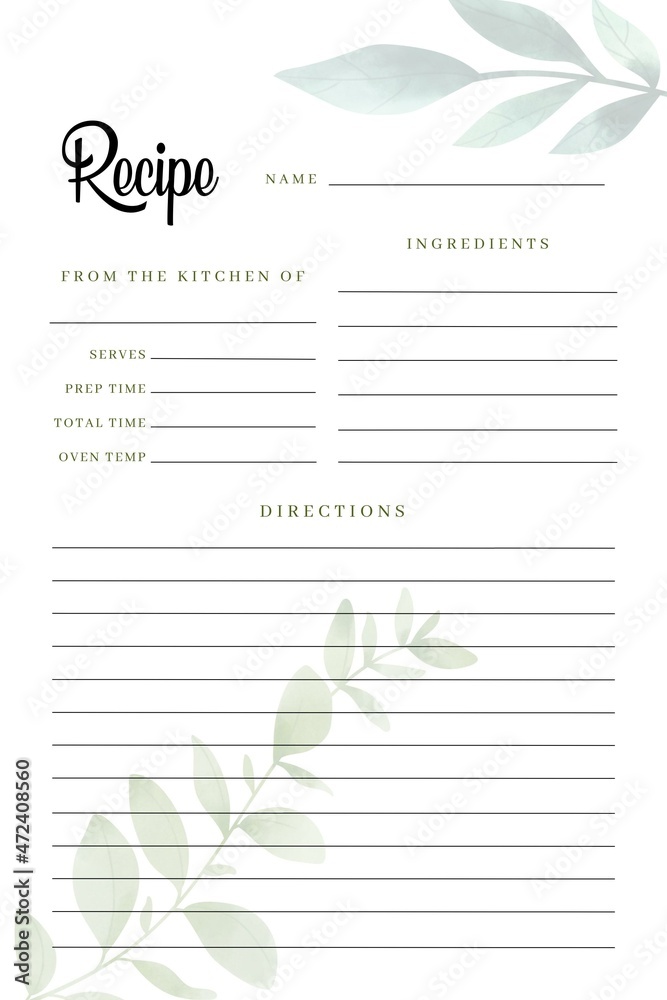Blank Recipe Book Printable Template, Blank Pages Sheet Organizer Binder,  DIY, Kitchen Cookbook, A4 & Letter Stock Illustration