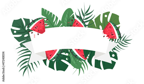 Beautiful frame with juicy watermelons and tropical leaves. Background for invitations, promotions, sales and events. Vector illustration.