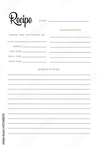 Blank Recipe Book Printable Template, Blank Pages Sheet Organizer Binder, recipe paper