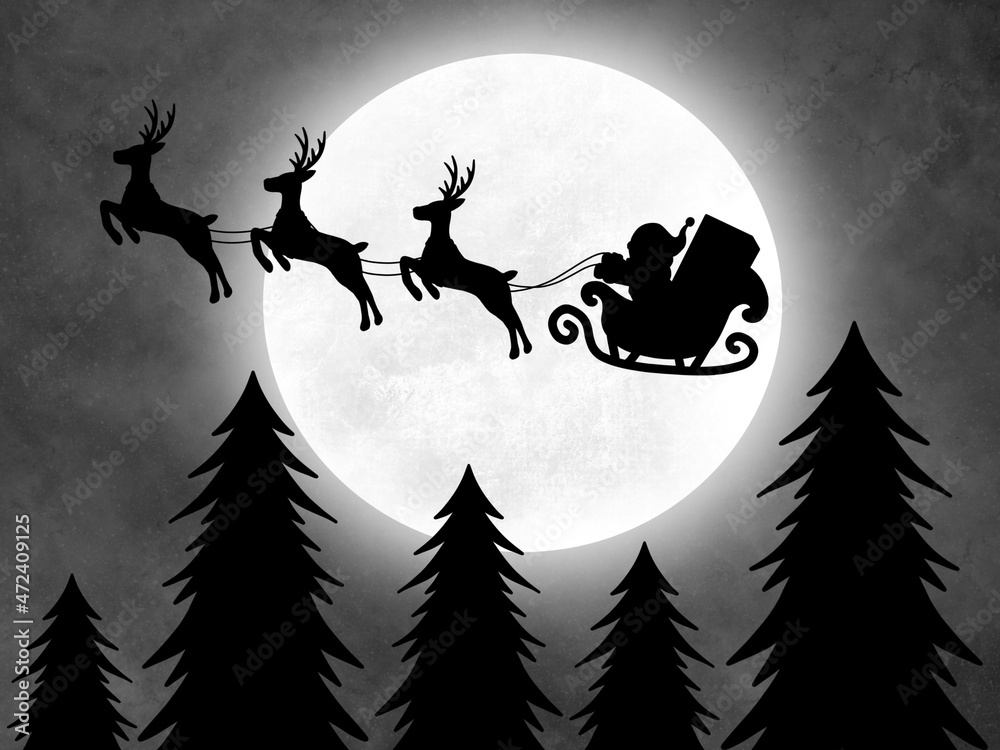 Christmas Silhouette Background. Deer and Santa Claus on the moon background