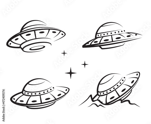 collection of UFO space ship and stars isolated on white background