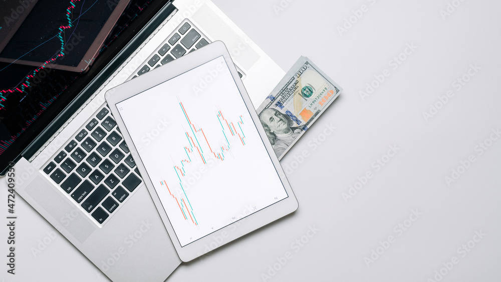 Screen sell. Investment business technology app on digital screen. Finance application for sell, buy and analysis profit dividend statistics. Candlestick chart background. Screen sell. Investment business technology app on digital screen. Finance application for sell, buy and analysis profit dividend statistics. Candlestick chart background.