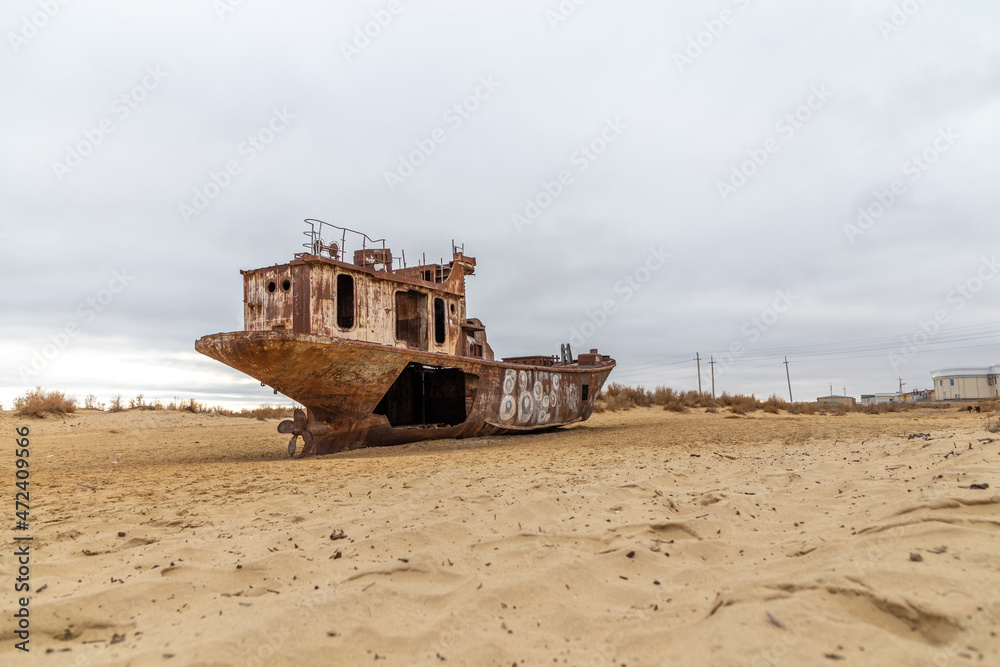 Aral sea monument. The graveyard of ships. Muynak (or Moynaq) city, Karakalpakstan, Uzbekistan.