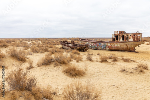 Aral sea monument. The graveyard of ships. Muynak (or Moynaq) city, Karakalpakstan, Uzbekistan.