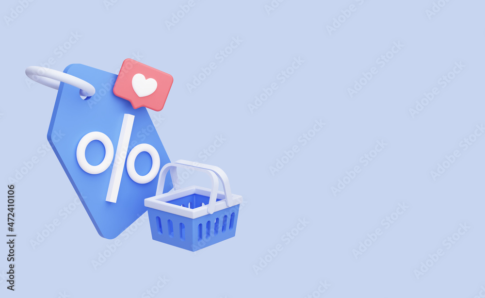 Online shopping discount concept. Sale coupon with basket and like icon. Banner template for promotion with empty space. 3D Rendering. Blue