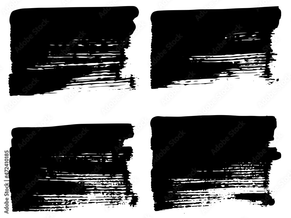 Black paint brush strokes, dirty inked grunge art brushes. Dirty ink texture splatters. Grunge rectangle text boxes
