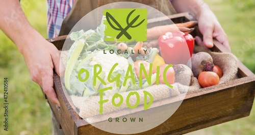 Locally grown organic food symbol with midsection of man holding vegetables crate