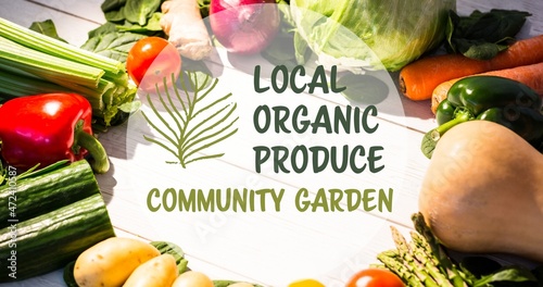 Local organic produce community garden symbol over fresh vegetables arrange on table