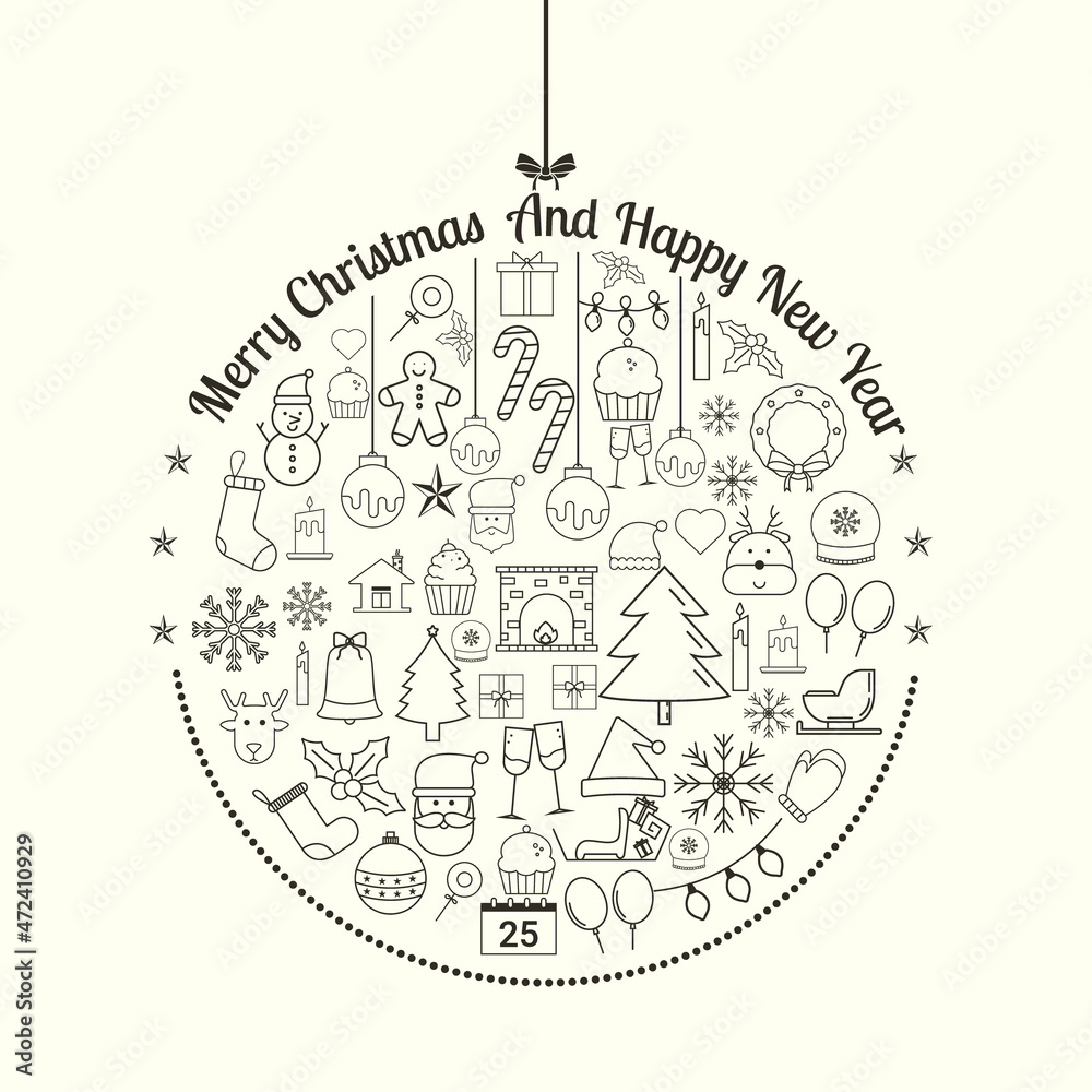 Fototapeta premium Christmas lined icons set with new year elements in ball shape.