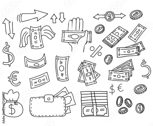 large set of money drawings. Banknotes and bills, money and coins, cash, money bag and wallet in linear hand doodle style. Vector illustration. Isolated outline elements for design and decoration