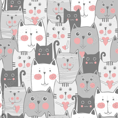 Fototapeta Naklejka Na Ścianę i Meble -  Cute cats, colorful seamless pattern background with cats