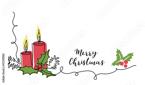 Christmas red candles with holly berry vector hand drawn sketch, doodle, color illustration for xmas. One continuous line art drawing, background, banner, poster with red candles