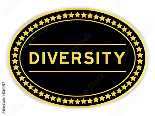 Black and gold color round label sticker with word diversity on white background