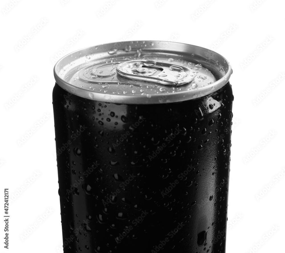 Black can of energy drink with water drops isolated on white, closeup. Mockup for design Black can of energy drink with water drops isolated on white, closeup. Mockup for design