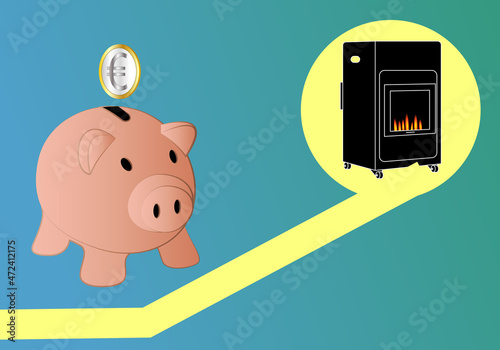 Subida de las ventas de estufas de gas para el ahorro de las familias. Ahorro con la compra de las estufas de gas. Hucha cerdito con moneda de euro y estufa de gas con llamas. Se disparan las ventas