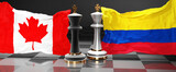 Canada Colombia summit, meeting or aliance between those two countries that aims at solving political issues, symbolized by a chess game with national flags, 3d illustration