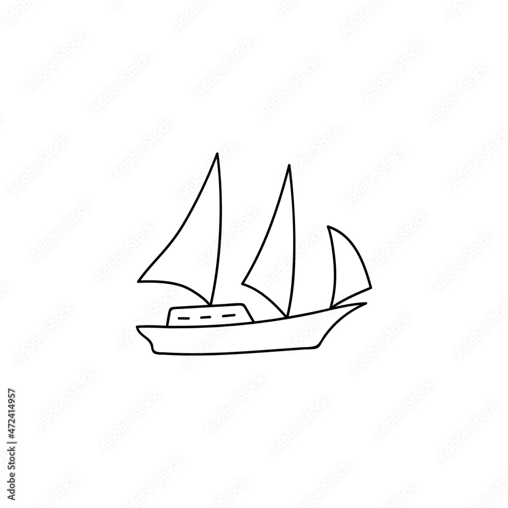 Boat, sail icon. schooner ship symbol in flat black line style, isolated on white background