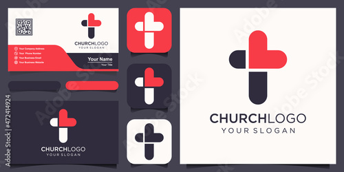 christian cross logo vector template combined with heart icon. Church logo.