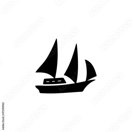 Boat, sail icon. schooner ship symbol in solid black flat shape glyph icon, isolated on white background