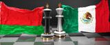 Belarus Mexico summit, meeting or aliance between those two countries that aims at solving political issues, symbolized by a chess game with national flags, 3d illustration