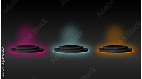 Round black stepped studio podium with led backlight neon glowing light ring. Realistic set of 3d elements. Vector illustration
