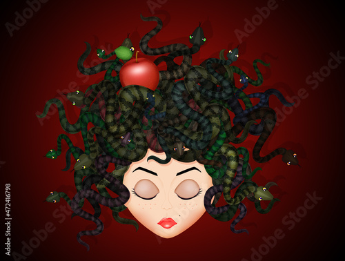 red apple in the head of Medusa mythology