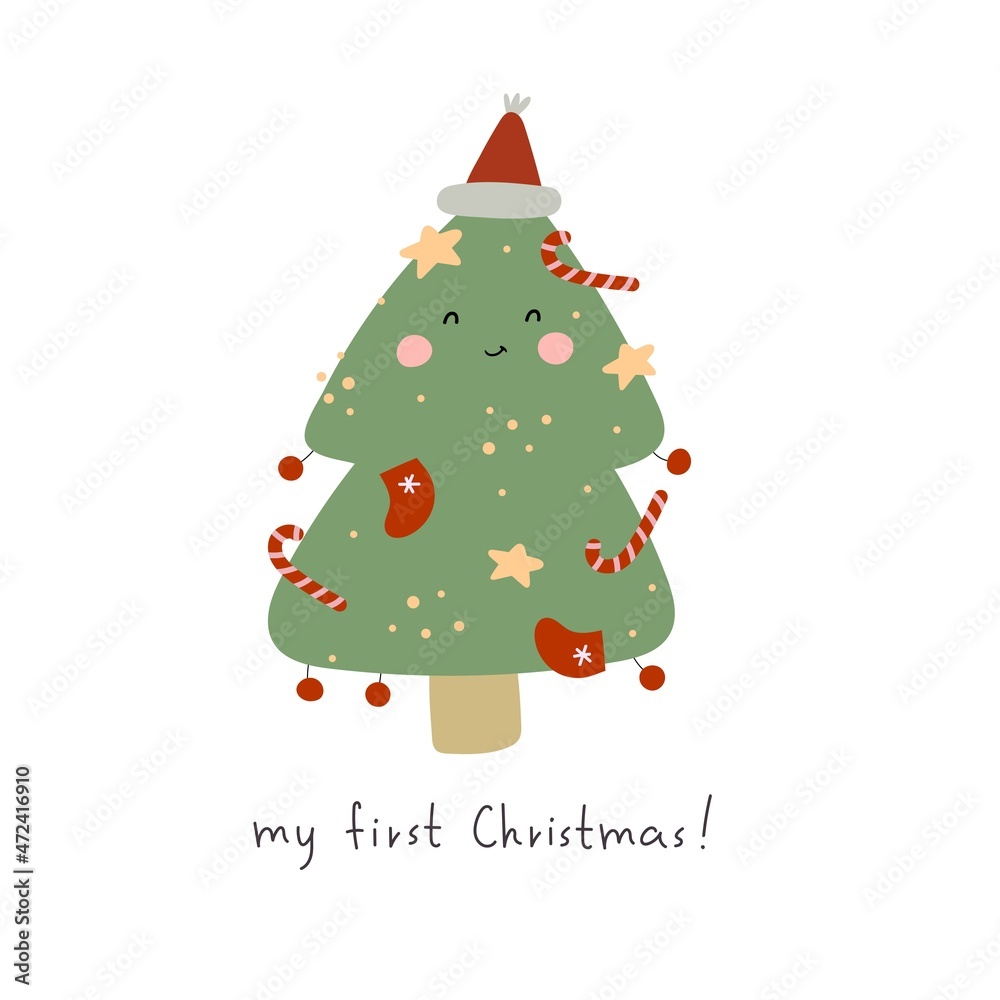 My first Christmas. Cartoon Christmas tree, hand drawing lettering,  decorative elements. holiday theme. Colorful vector illustration, flat  style. Baby design for greeting cards, print, poster Stock Vector | Adobe  Stock