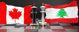 Canada Lebanon summit, meeting or aliance between those two countries that aims at solving political issues, symbolized by a chess game with national flags, 3d illustration