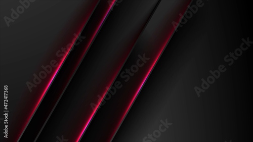 Black tech abstract background with red neon laser lines