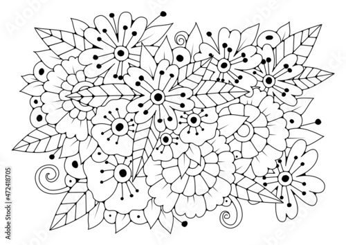 Coloring page. Black and white flowers for coloring. Vector art line background.