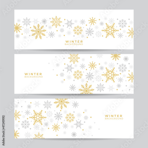 Christmas white gold background with snow. Christmas card with snowflake border vector illustration.