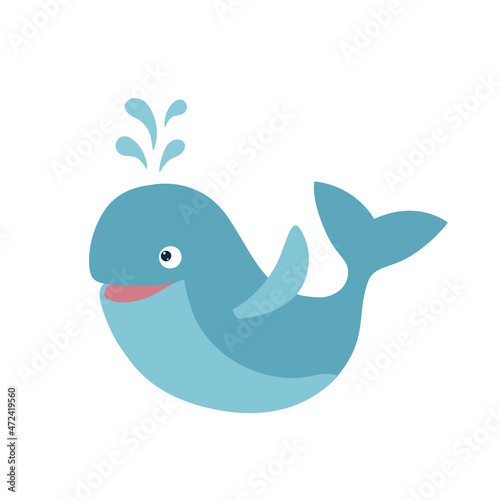 Cartoon smiling whale. Marine life animal. Template for stickers, baby shower, greeting cards and invitation. 