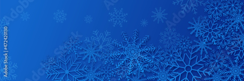 Blue Christmas banner with snowflakes. Merry Christmas and Happy New Year greeting banner. Horizontal new year background, headers, posters, cards, website. Vector illustration