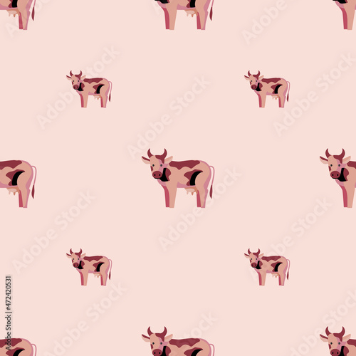 Seamless pattern cow on pink background. Texture of farm animals for any purpose.