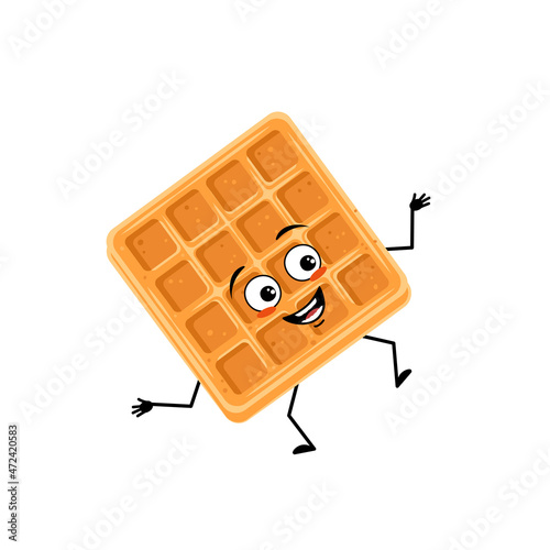 Cute character belgian waffle with happy emotions, face, smile, eyes, arms and legs. Cheerful baking person, dessert with joyful expression. Vector flat illustration