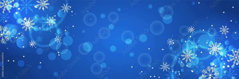 Christmas blue banner background with snow