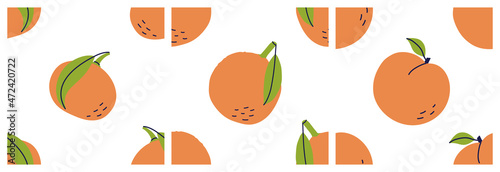 Fototapeta Naklejka Na Ścianę i Meble -  Mandarin, orange, peach and tangerine. Exotic citrus fruit seamless pattern bundle. Color illustration collection. Vector set