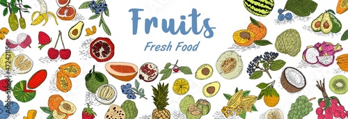 Fruit collection in flat hand drawn style, decorative retro style illustrations set. Tropical fruit and graphic design elements. Sketch style, ingredients color cliparts.
