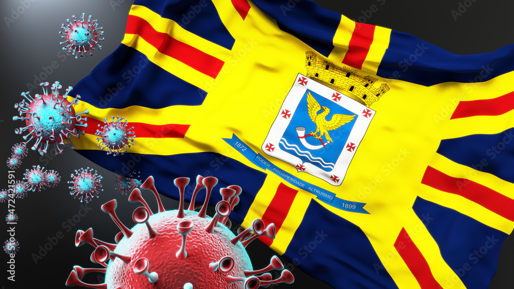 Campo Grande and covid pandemic - virus attacking a city flag of Campo Grande as a symbol of a fight and struggle with the virus pandemic in this city, 3d illustration