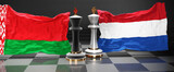 Belarus Netherlands summit, meeting or aliance between those two countries that aims at solving political issues, symbolized by a chess game with national flags, 3d illustration