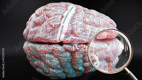 Antisocial personality disorder in human brain, hundreds of terms related to Antisocial personality disorder projected onto a cortex to show broad extent of this condition, 3d illustration photo