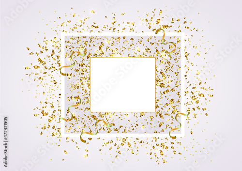 Flying golden confetti. Golden luxury product label. Background, texture. Place for inscription. Web banner, poster, postcard. Modern design