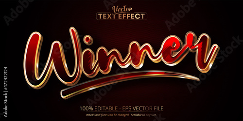Gold text effect, editable shiny gold color text style, winner text on dark red textured background