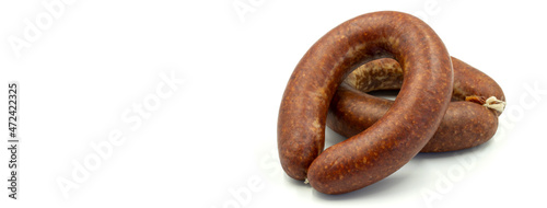 Turkish sausage on a white background. Sausage made from beef. Kangal sausage. Horizontal view. Empty space for text. copy space