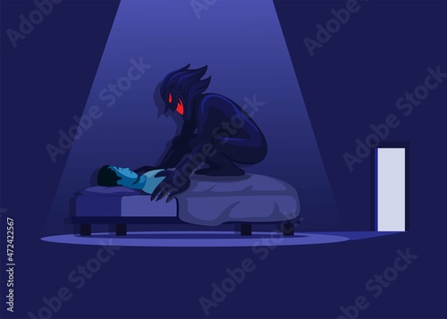 Sleep Paralysis with Demon in bed. nightmare horror scene illustration vector