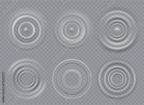 Water ripple. Realistic caustic drop or sound wave splash effects  concentric circles in puddle. Vector on transparebt